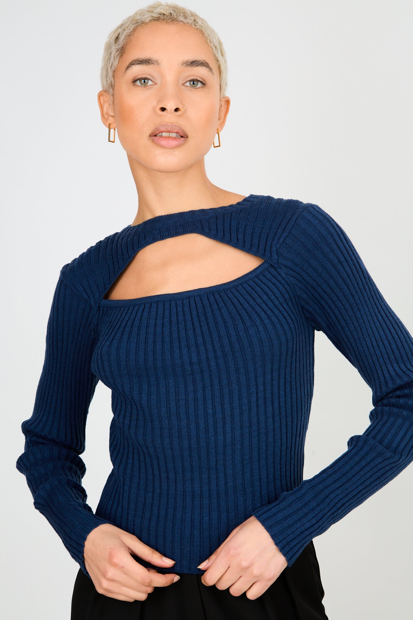 Deep blue ribbed peek front knit top_1