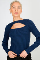 Deep blue ribbed peek front knit top_1