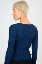 Deep blue ribbed peek front knit top_2