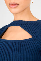 Deep blue ribbed peek front knit top_3