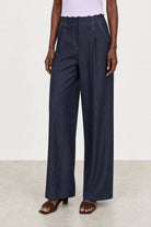 Navy blue smart denim and ivory contrast stitch trousers_1