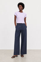 Navy blue smart denim and ivory contrast stitch trousers_4