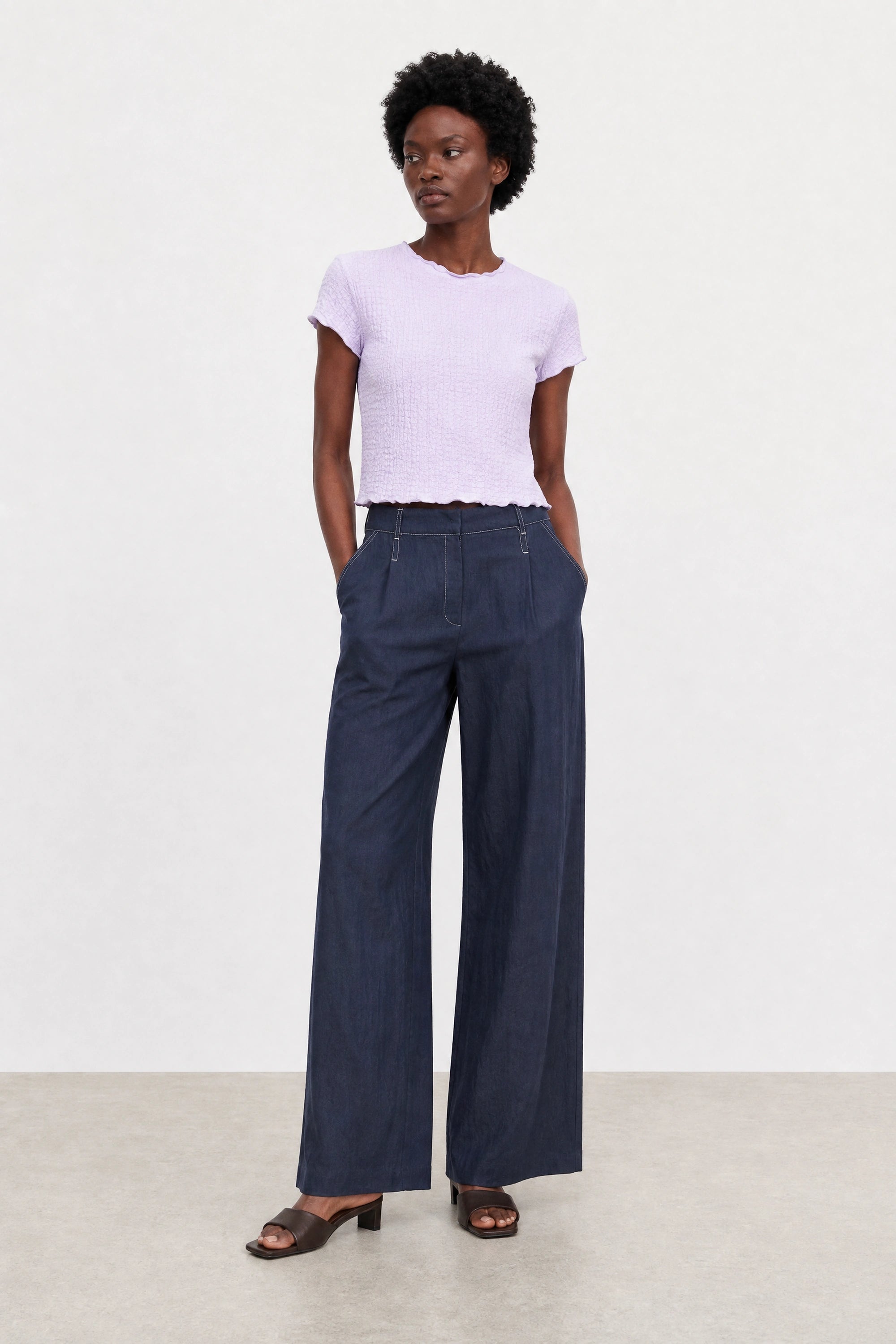 Navy blue smart denim and ivory contrast stitch trousers_4