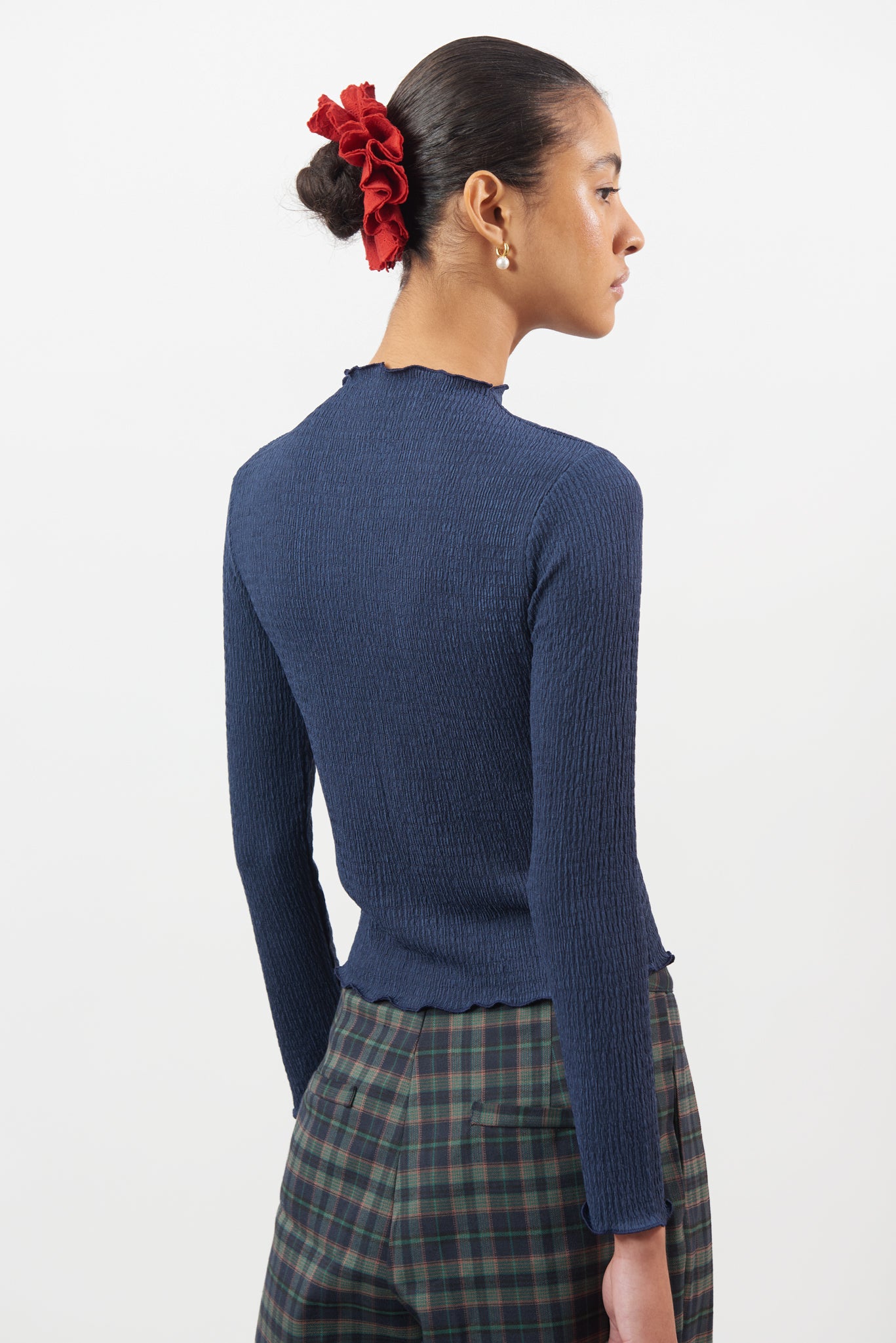 Navy blue textured mock neck top_2