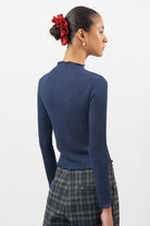 Navy blue textured mock neck top_2
