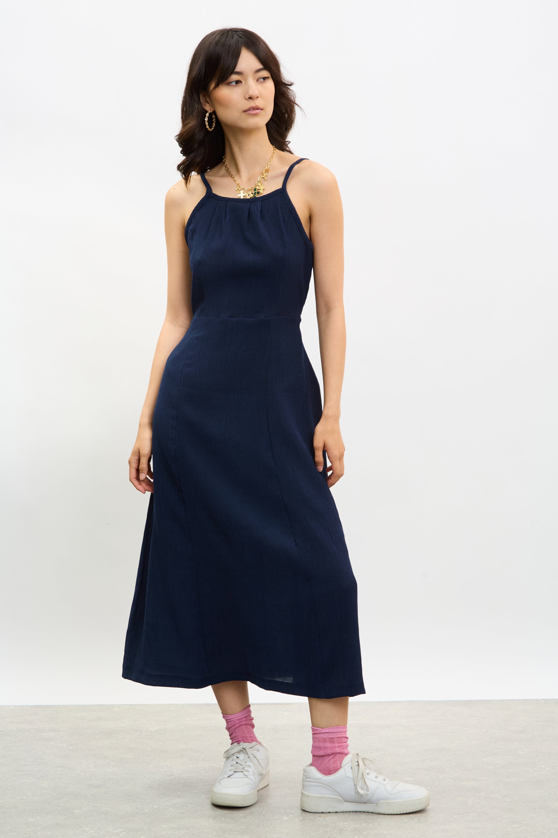 Glassworks London Navy Blue Tie Waist Thin Strap Midi Dress Glassworks London Navy Blue Tie Waist Thin Strap Midi Dress