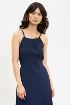 Navy blue tie waist thin strap midi dress_3