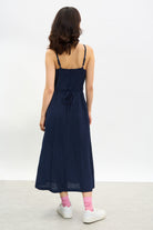 Navy blue tie waist thin strap midi dress_2