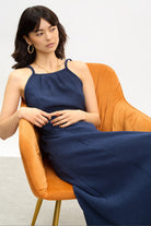 Navy blue tie waist thin strap midi dress_5