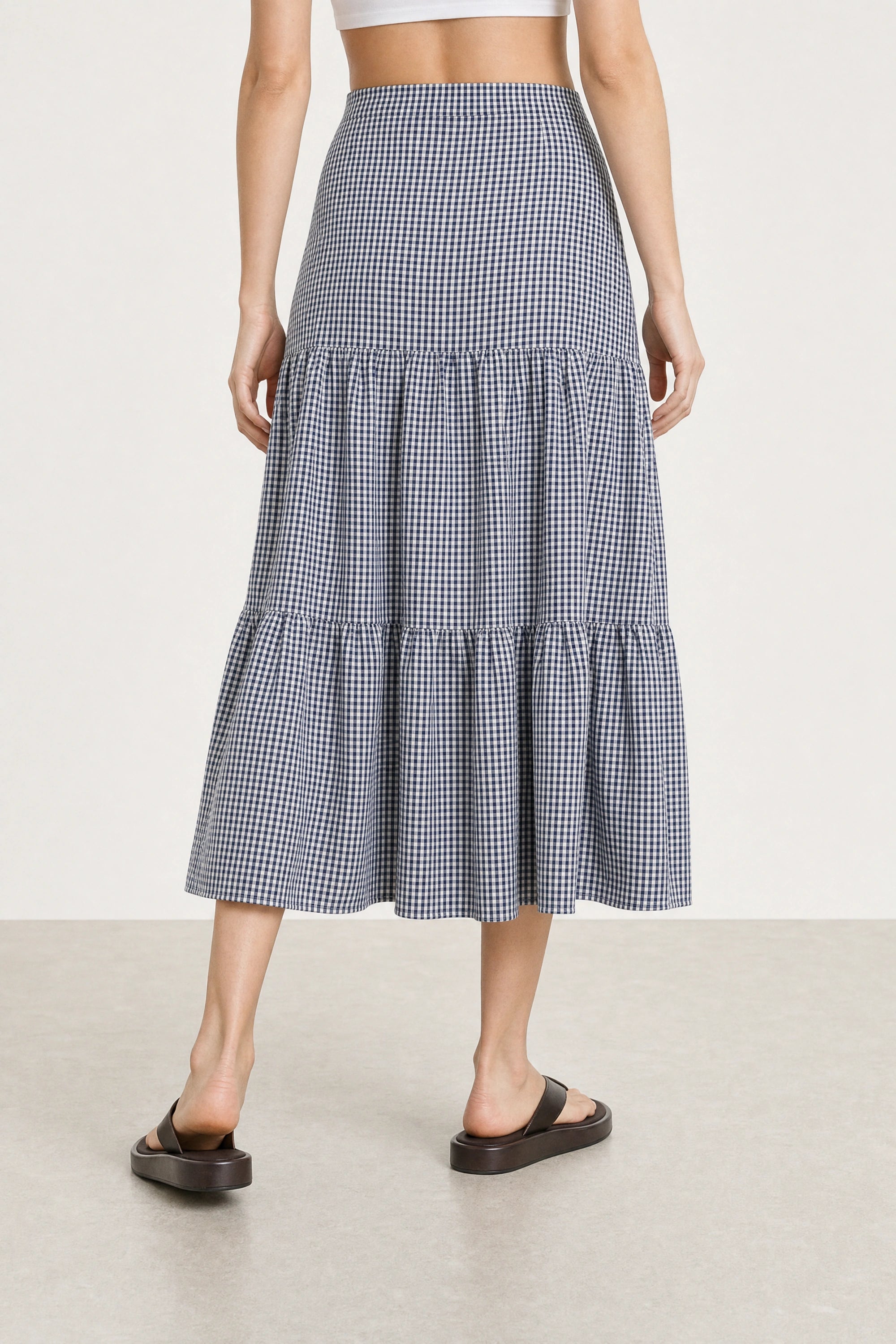 Navy blue tiny gingham checked tiered skirt_2