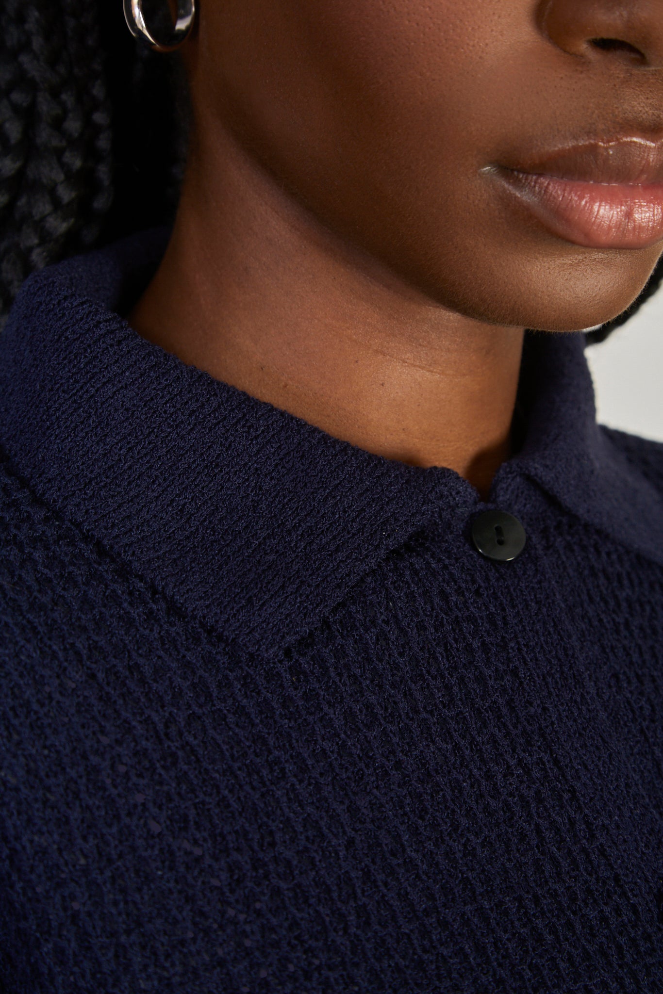 Navy blue waffle knit button up tee_3