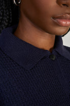 Navy blue waffle knit button up tee_3