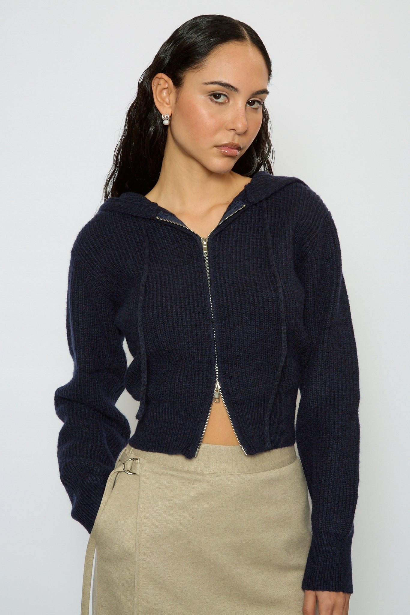 Navy blue wool blend zip up knit hoody