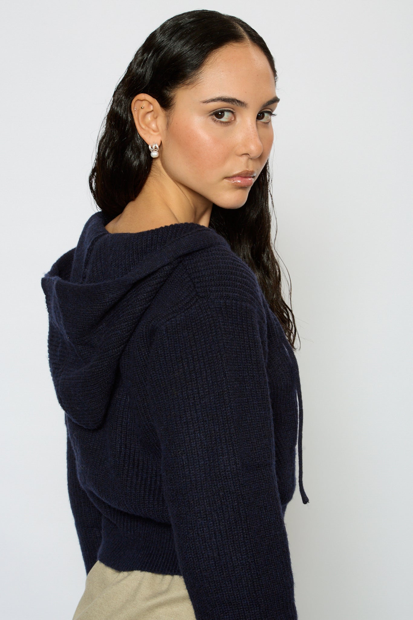 Navy blue wool blend zip up knit hoody