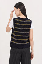Navy blue yellow and white striped crochet button up sweater vest_3