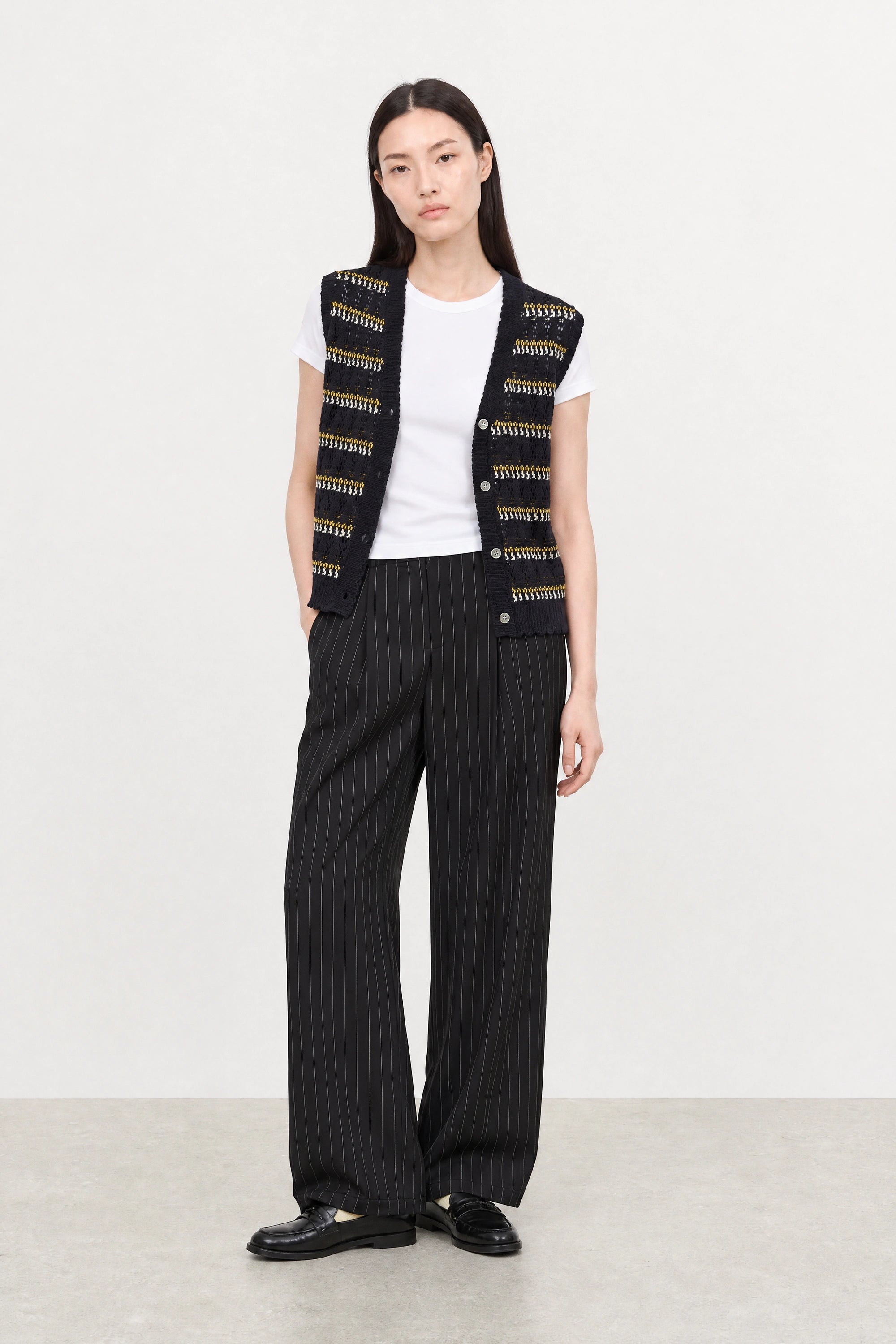 Navy blue yellow and white striped crochet button up sweater vest_5