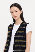 Navy blue yellow and white striped crochet button up sweater vest_4