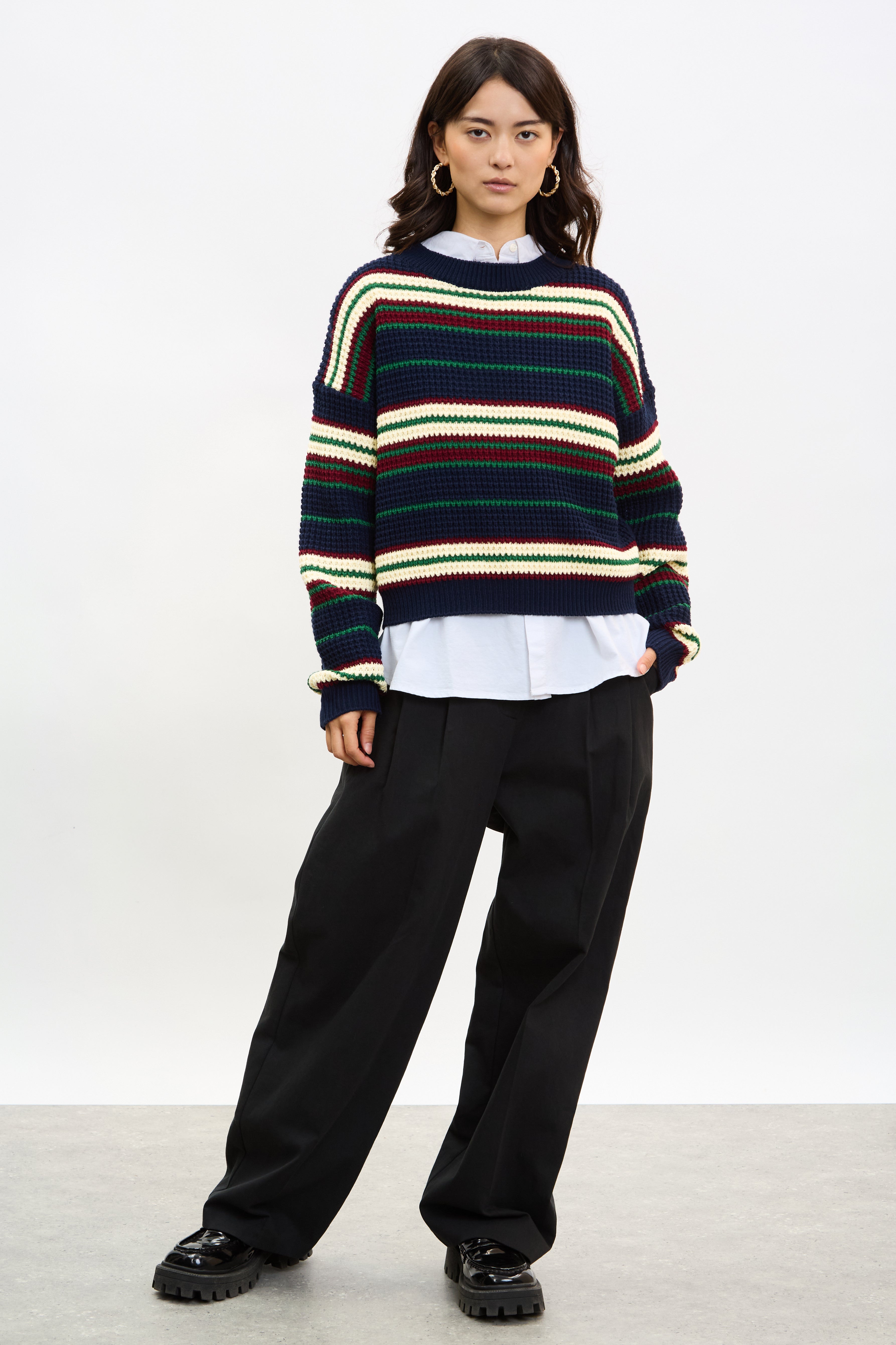 Navy burgundy and green striped jumper_4