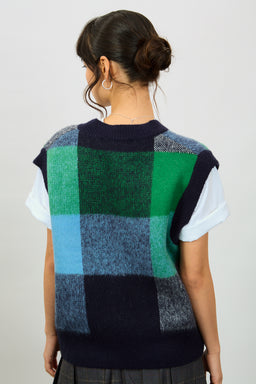 Navy Green and Light Blue Block Check Sweater Vest - image 1