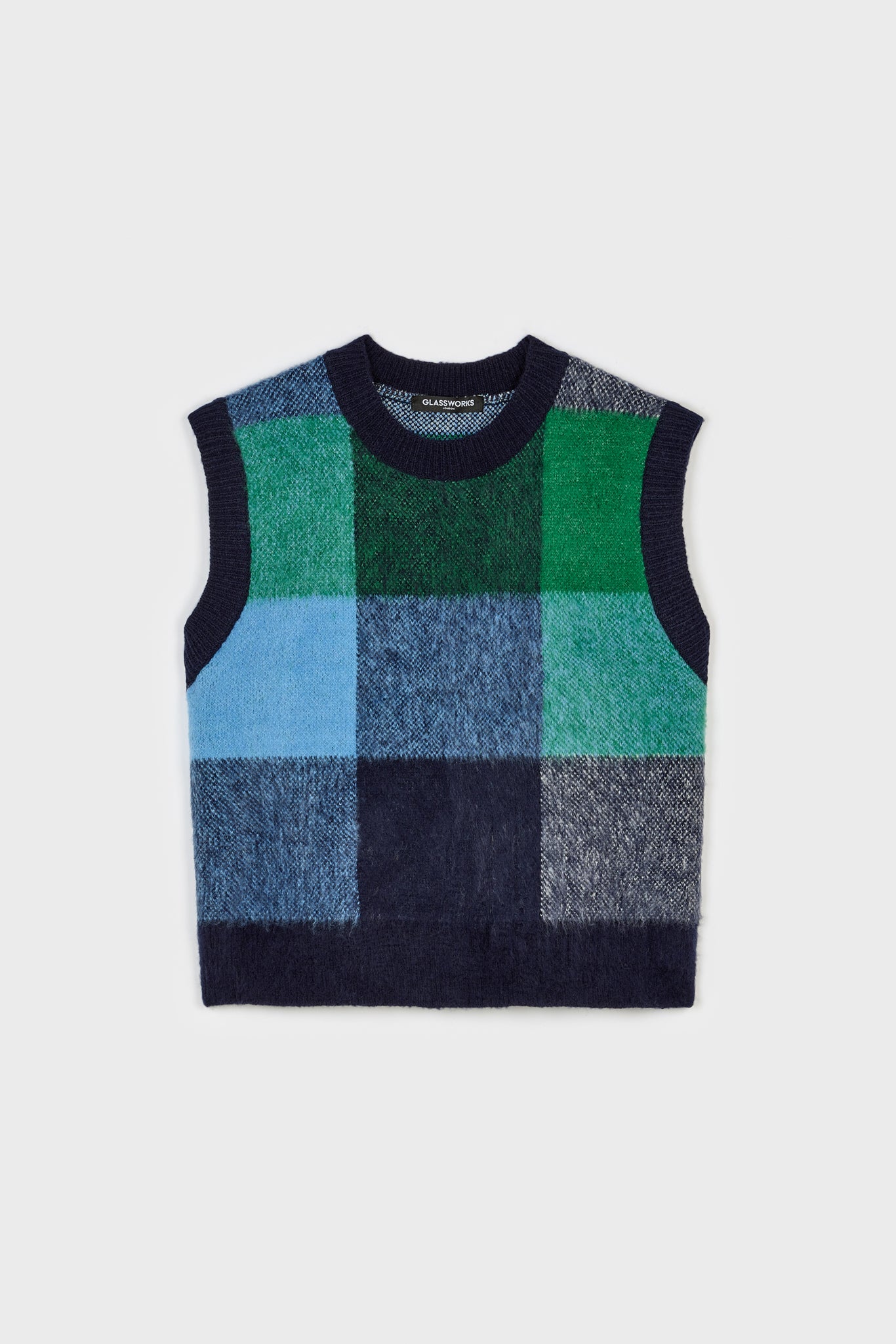 Navy green and light blue block check sweater vest | Glassworks London