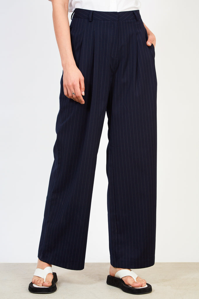 Navy pinstripe double pleat trousers_1