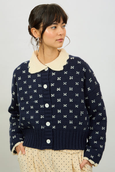 Navy scalloped collar intarsia cross cardigan | Glassworks London