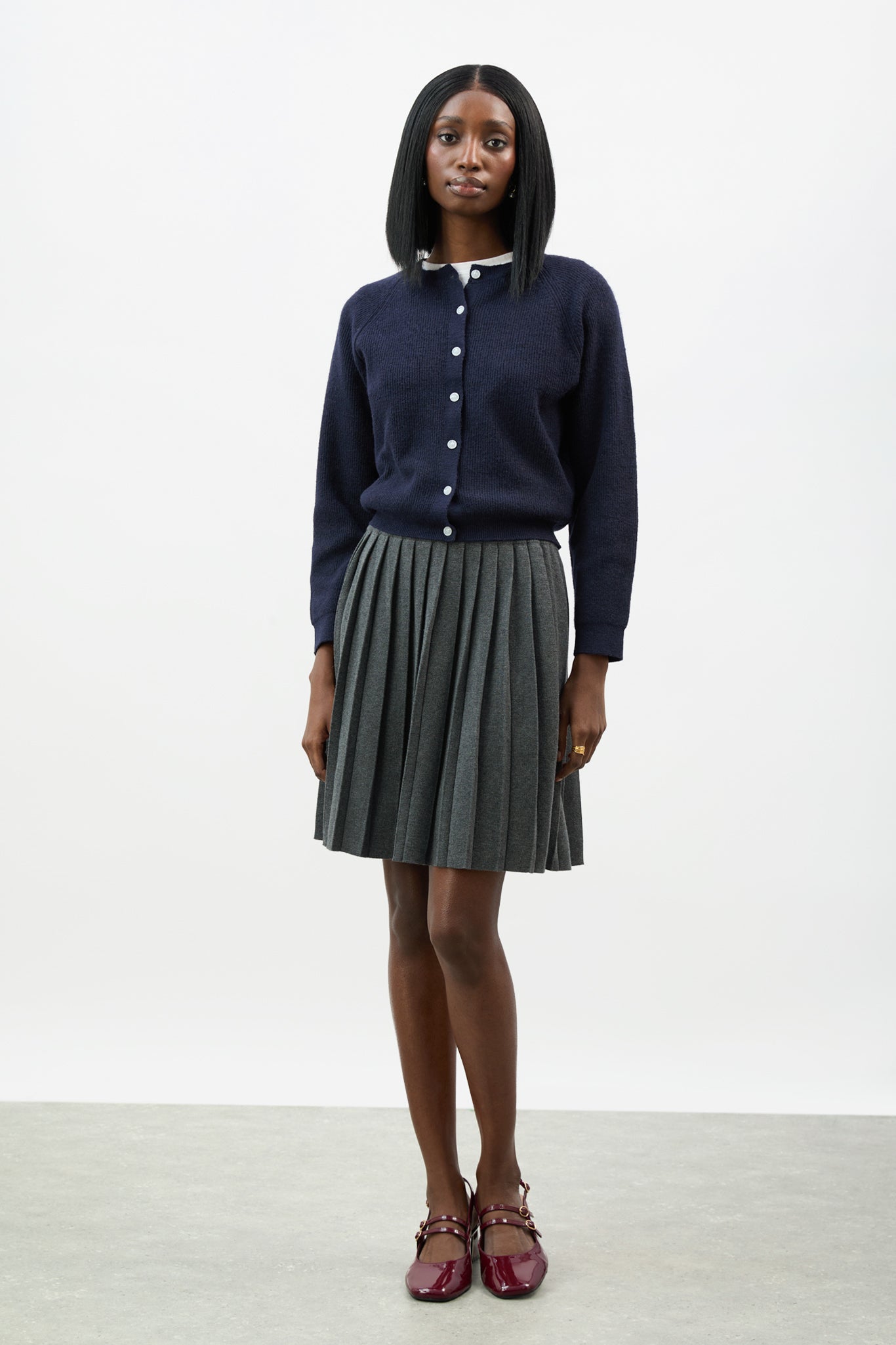 Navy wool blend round neck button up cardigan_4