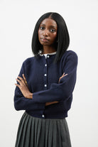 Navy wool blend round neck button up cardigan_1