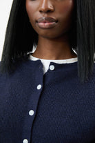 Navy wool blend round neck button up cardigan_3