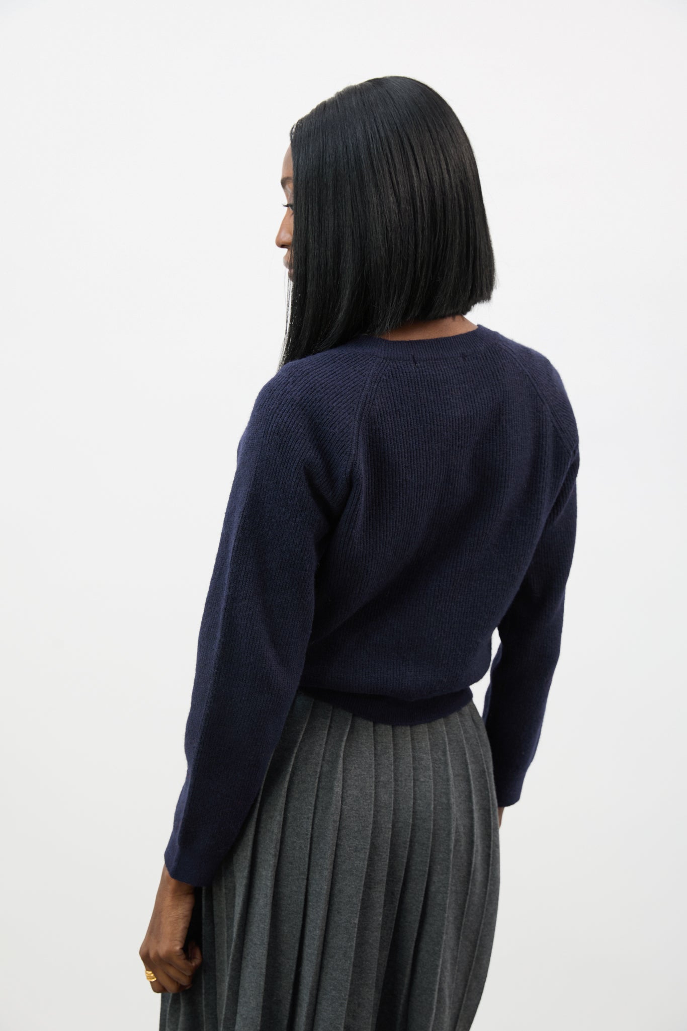 Navy wool blend round neck button up cardigan_2