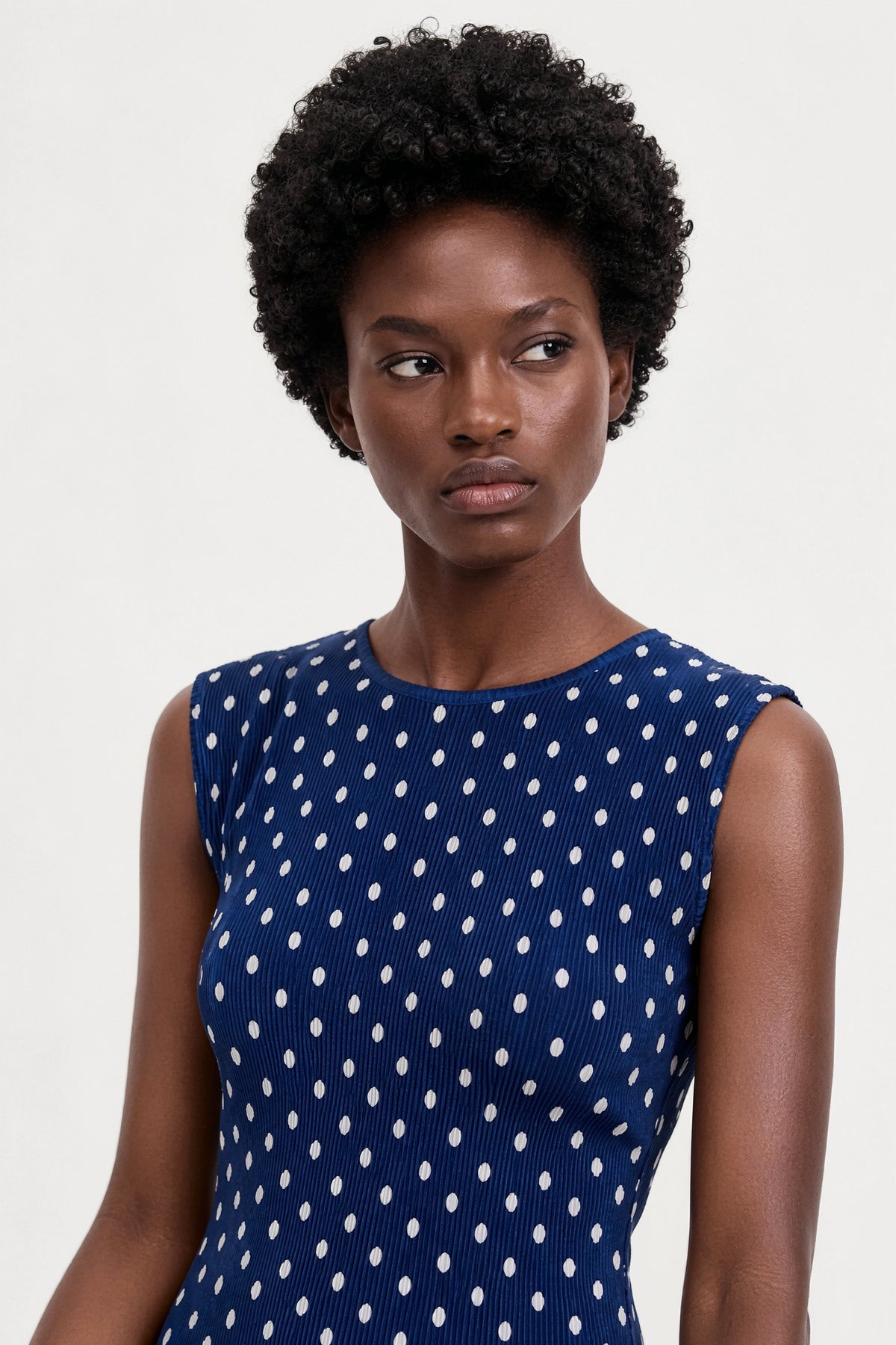 Navy blue and ivory polka dot ribbed sleeveless column dress_4