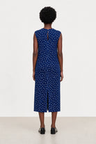 Navy blue and ivory polka dot ribbed sleeveless column dress_2