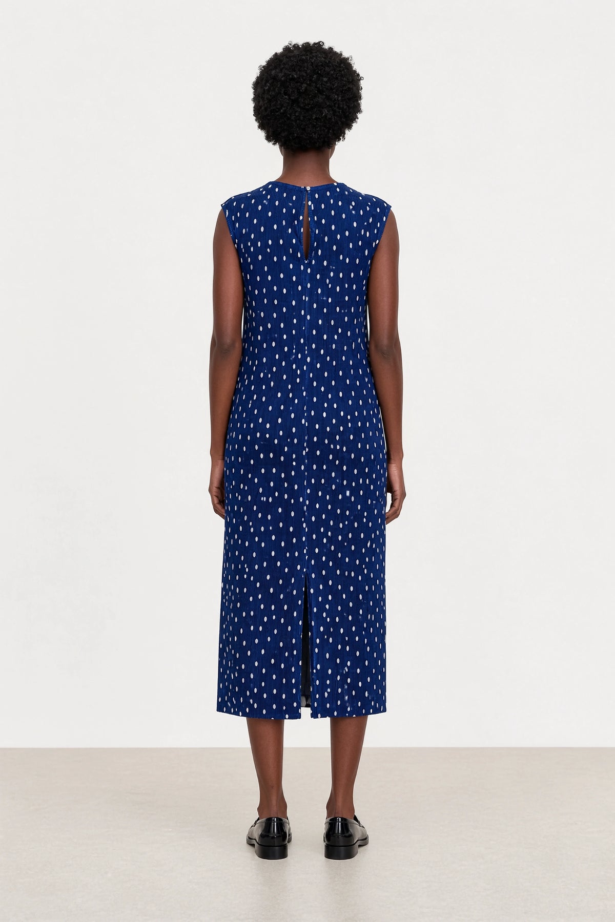 Navy blue and ivory polka dot ribbed sleeveless column dress_2