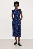 Navy blue and ivory polka dot ribbed sleeveless column dress_1
