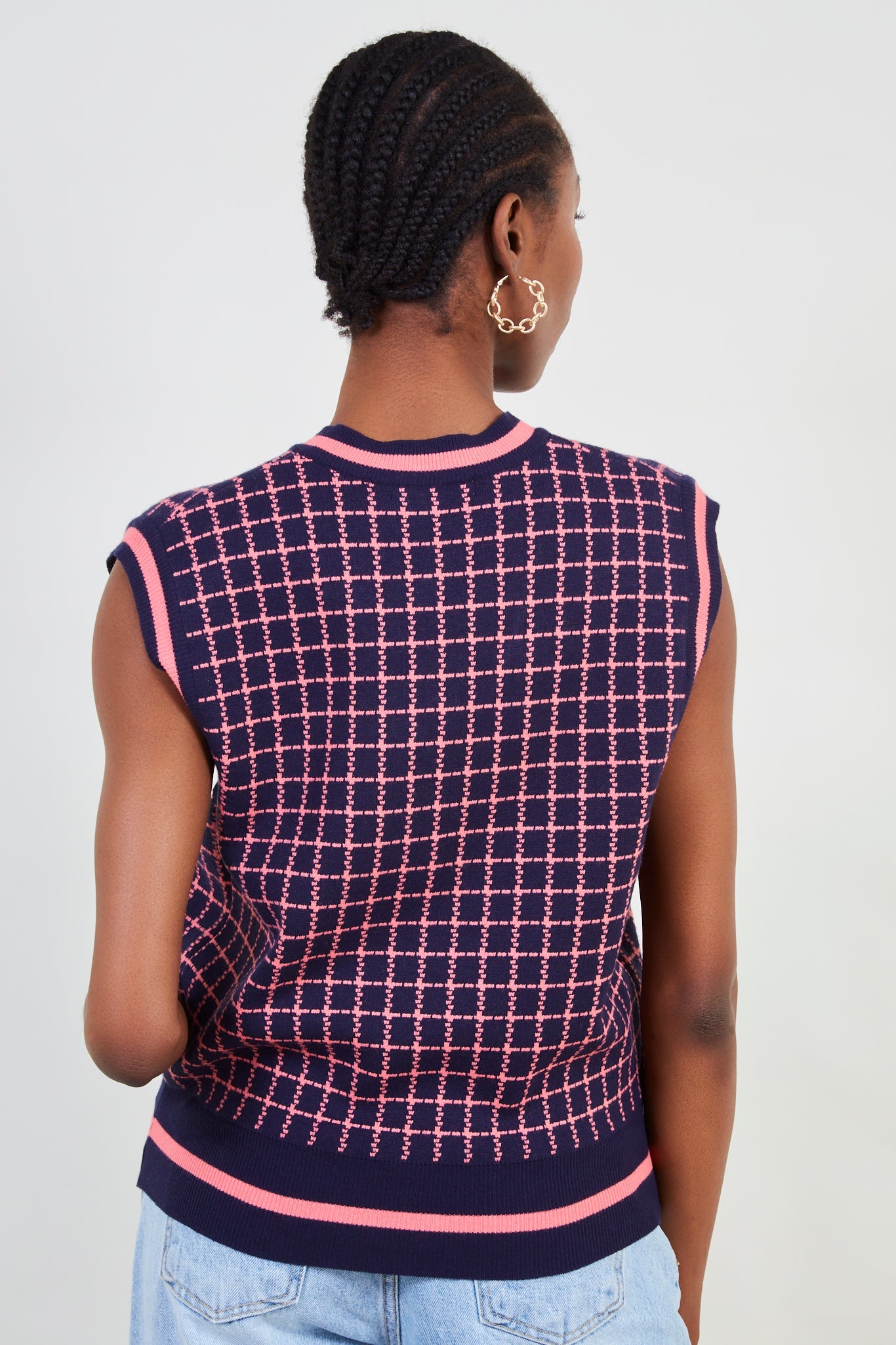 Navy and pink box check sweater vest