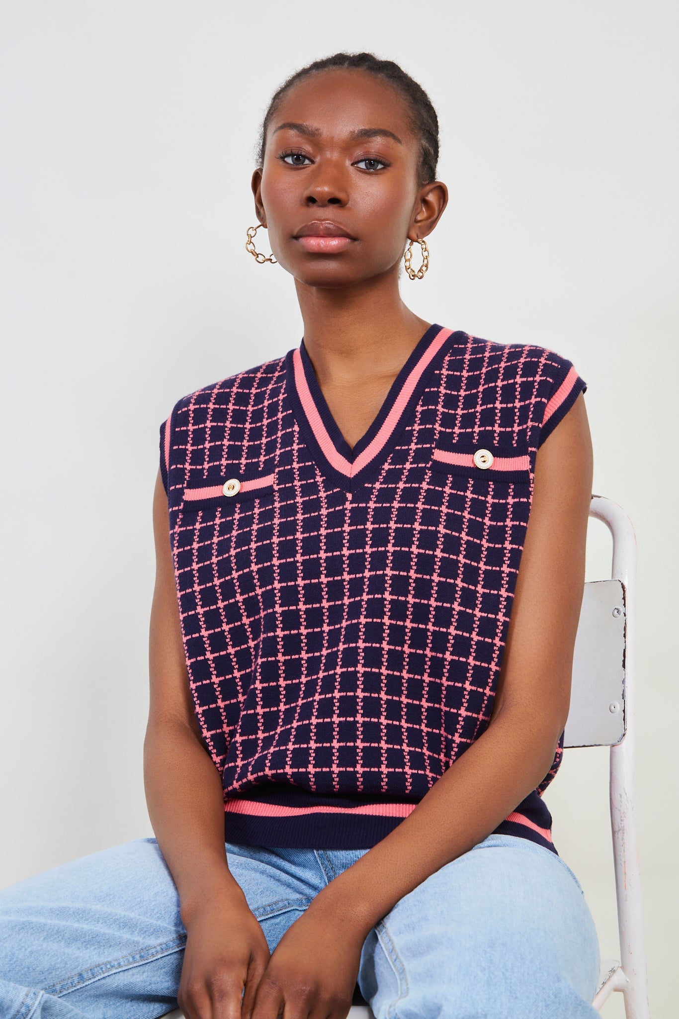 Navy and pink box check sweater vest