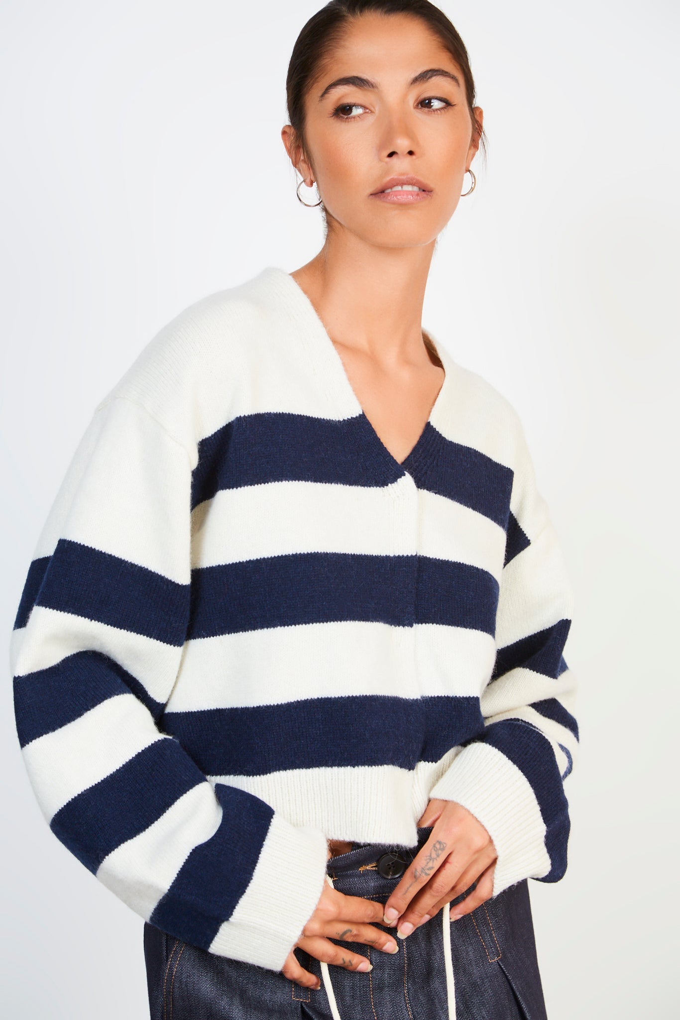 Navy and white alpaca wool blend block stripe cardigan