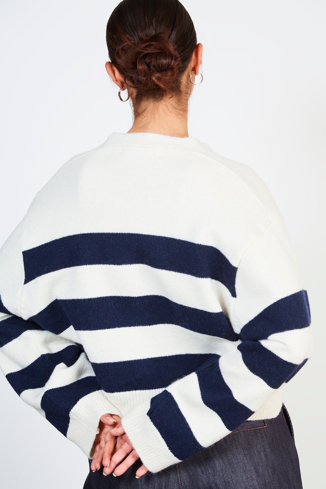 Navy and white alpaca wool blend block stripe cardigan