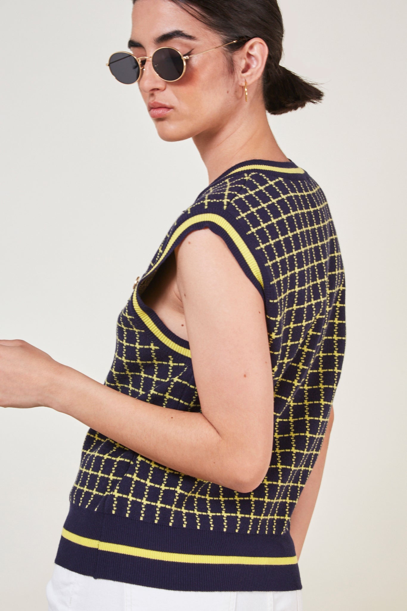 Navy and yellow box check sweater vest_3
