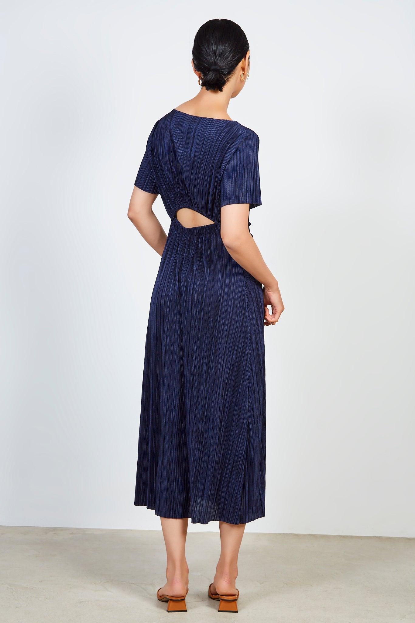 Navy micro pleat peek back dress_1