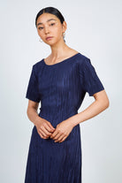 Navy micro pleat peek back dress_3
