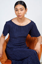 Navy micro pleat peek back dress_5