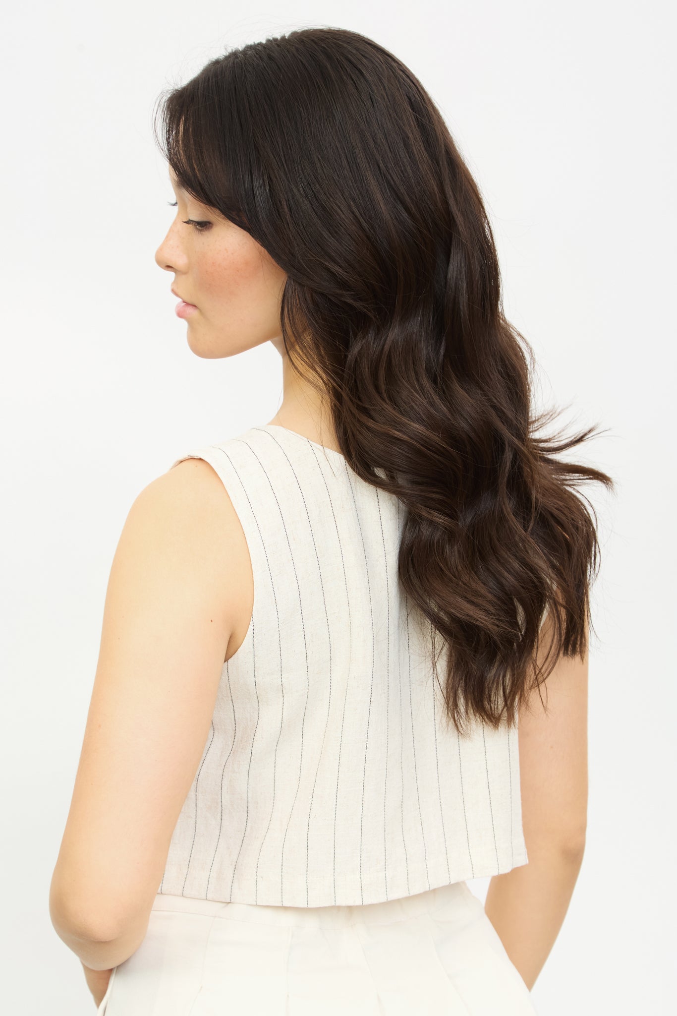 Oatmeal and black pinstripe button front tank_2