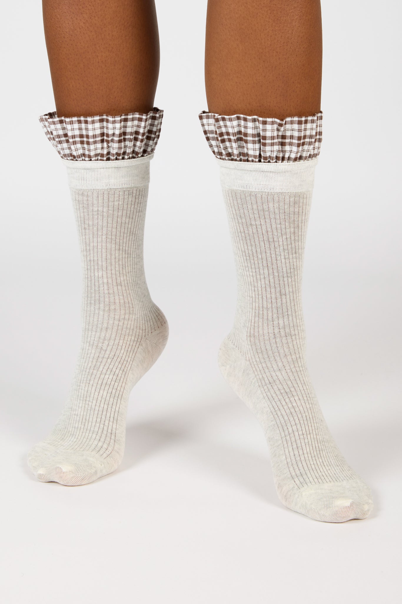 Oatmeal and brown checked ruffle trim socks_4