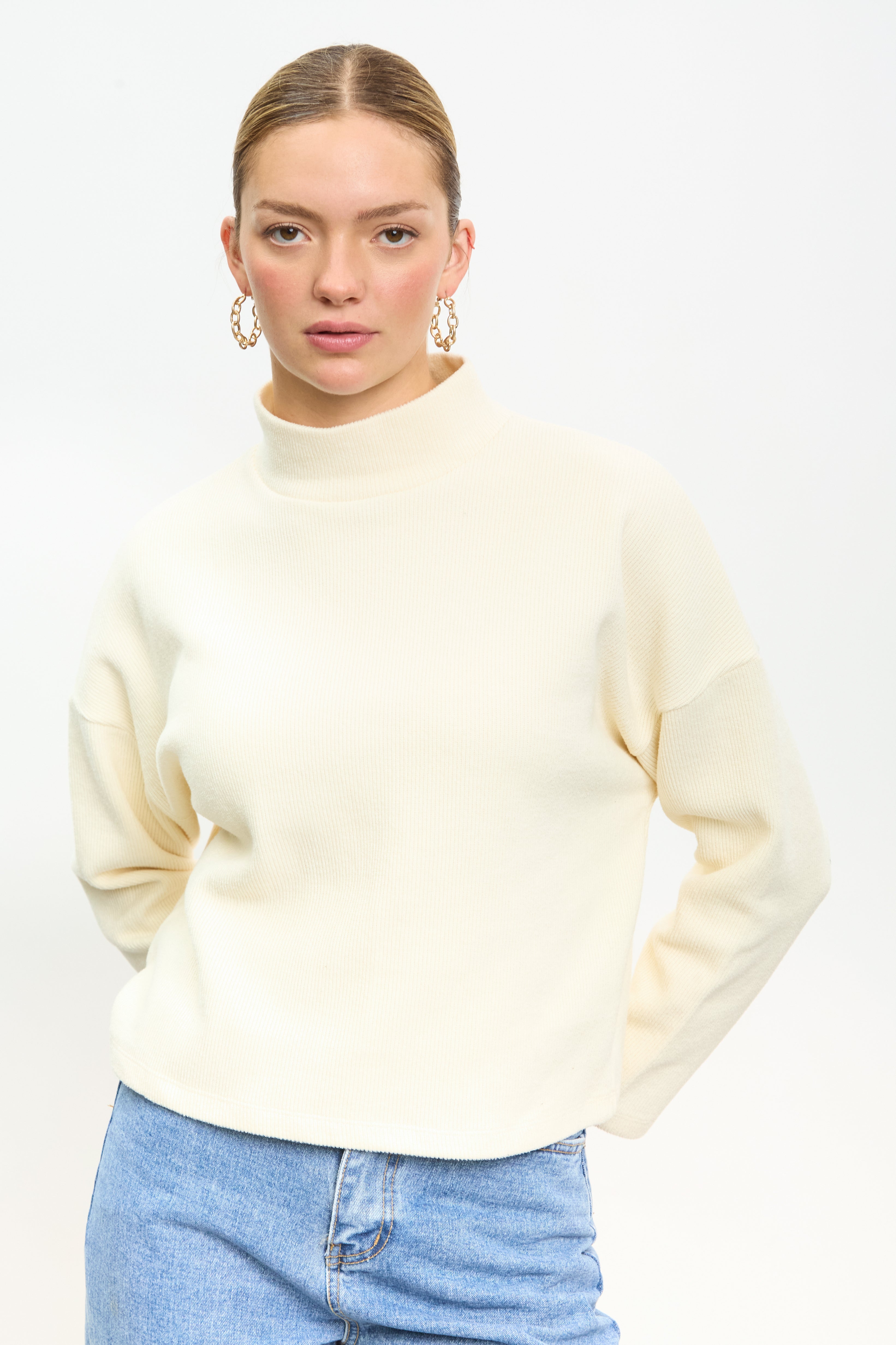 Ivory micro ribbed mock neck top_1
