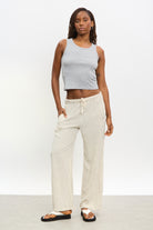 Oatmeal pinstripe rope drawstring trousers_5