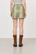 Olive green satin lace trim mini slip skirt_2