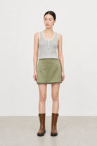 Olive green satin lace trim mini slip skirt_4