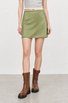 Olive green satin lace trim mini slip skirt_1