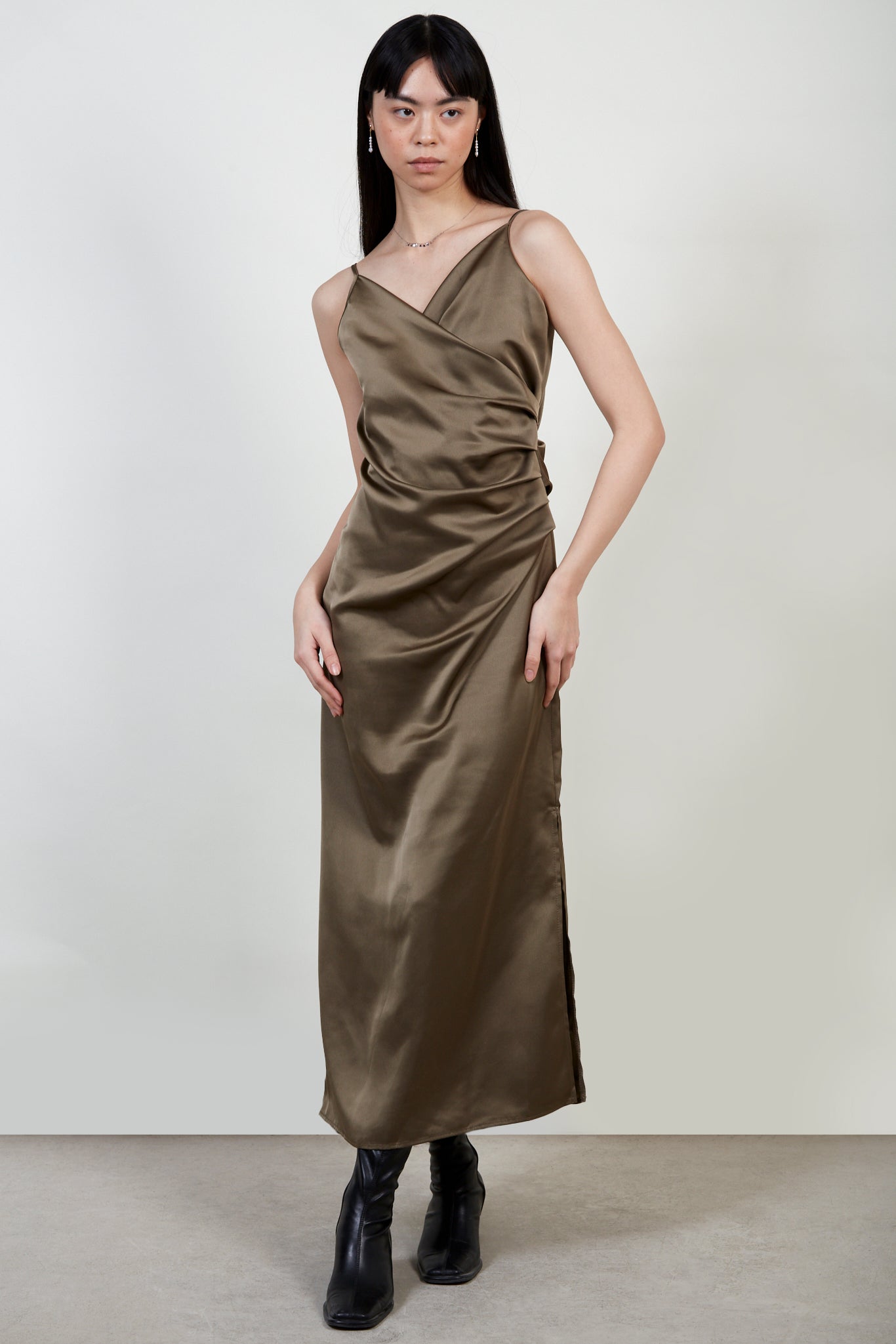 Olive green silky side gathered dress
